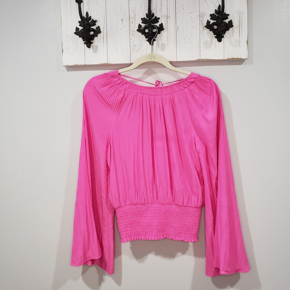 Ramy Brook Pink Pleated Blouse XS Smocked Tie Back Long Sleeve